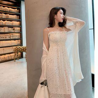 Printed Midi Spaghetti Strap Dress / Open Front Long Jacket