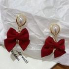 Faux Pearl Bow Fabric Dangle Earring 1 Pair - White & Wine Red & Gold - One Size