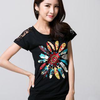 Short-sleeve Lace-shoulder Floral Top