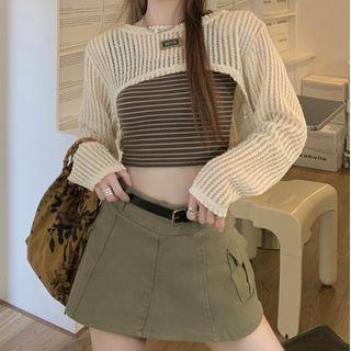 Set: Cropped Knit Top + Striped Tank Top As The Picture Shows - One Size