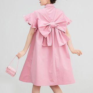 Short-sleeve Ribbon Mini A-line Dress Pink - One Size