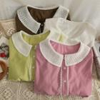 Lace-trim Puff-sleeve Loose Shirt