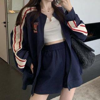 Set: Embroidered Zip-up Jacket + Sweatshorts