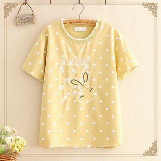 Short-sleeve Rabbit Embroidery Dotted T-shirt