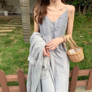 Spaghetti-strap Embroidered Midi Dress / Long Light Jacket