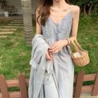 Spaghetti-strap Embroidered Midi Dress / Long Light Jacket