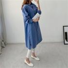 Balloon-sleeve Shirred Midi Shirtdress