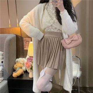 Long-sleeve High-neck Lace Top / Fleece Cropped Camisole / Long-sleeve Plain Knit Long Cardigan / High-waist Plain Pleated Mini Skirt