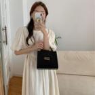 Puff-sleeve Faux Pearl Midi A-line Chiffon Dress