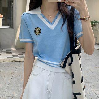 Short-sleeve Collar Embroidered Knit Top