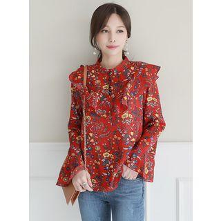 Mandarin-collar Floral Ruffled Blouse