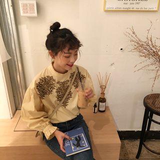 Pattern Embroidered Long-sleeve Blouse Zr970 - Almond - One Size