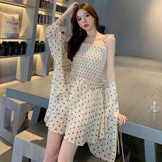 Set Of 3: Sheer Dotted Light Shirt + Smocked Camisole + Chiffon Pleated Skirt Almond - One Size