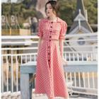 Elbow-sleeve Checker Buttoned A-line Midi Dress