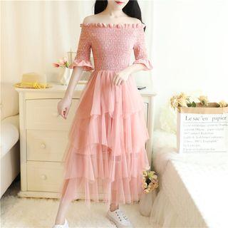 Off Shoulder Elbow-sleeve Tiered Midi Dress