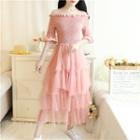 Off Shoulder Elbow-sleeve Tiered Midi Dress