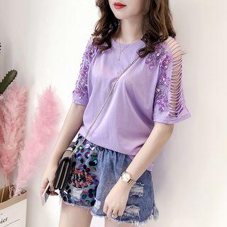 Short-sleeve Embellished Ripped T-shirt
