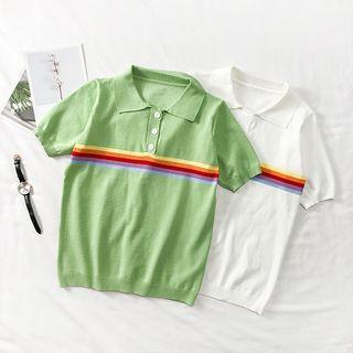 Rainbow-stripe Summer-knit Polo Shirt