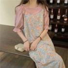 Puff-sleeve Ruffle Trim Plain Blouse / Floral Overall Dress