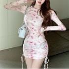 Long-sleeve Cold-shoulder Tie-dyed Mini Sheath Dress Pink - One Size
