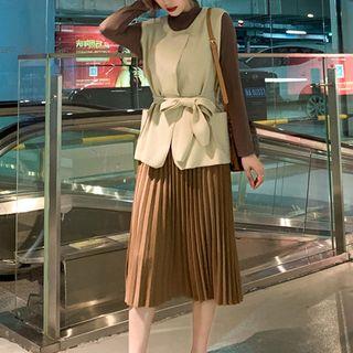 Set: Plain Long-sleeve T-shirt + Tie-waist Knit Vest + Midi Accordion-pleat Skirt