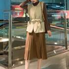 Set: Plain Long-sleeve T-shirt + Tie-waist Knit Vest + Midi Accordion-pleat Skirt