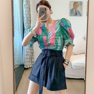 Set: Printed Puff-sleeve Blouse + High-waist Shorts