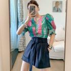Set: Printed Puff-sleeve Blouse + High-waist Shorts