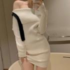 Off Shoulder Plain Ribbed Bodycon Knit Dress White - One Size