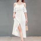 Off-shoulder Gathered-waist Midi Dress