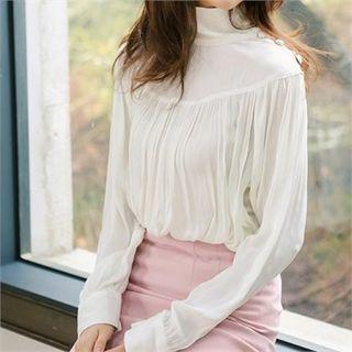 Monk-neck Shirred Blouse