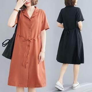 Plain Semi Split-neck Short-sleeve Dress