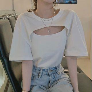 Mock Two-piece Short-sleeve Cutout T-shirt White - One Size