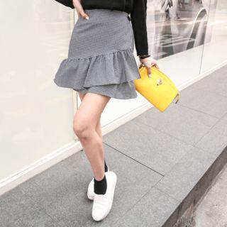 Ruffle-hem Gingham Mini Wrap Skirt