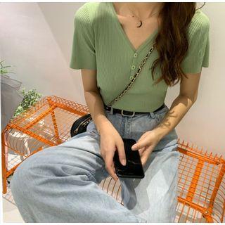 Short-sleeve Half-button V-neck Knit Top
