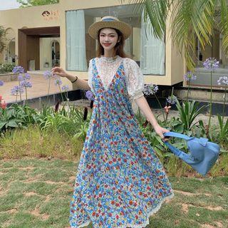 Short-sleeve Lace Top + Floral Print Dress