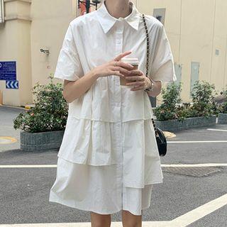 Short-sleeve Asymmetrical Cake Dress White - One Size