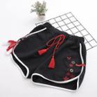 Frog-button Embroidered Drawstring Shorts Black - One Size