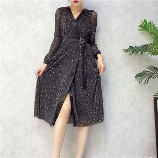 Star Glittered Long Sleeve Midi Dress