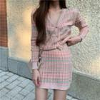 Set: Plaid Cardigan + Pencil Skirt Pink - One Size