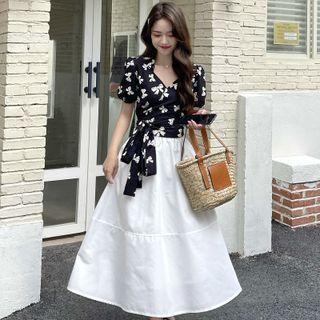Puff-sleeve Bow Print Tie-strap Cropped Top / Plain A-line Midi Skirt