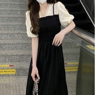 Puff-sleeve Mock Two-piece Color Block Smocked Dress Black - One Size