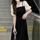 Puff-sleeve Mock Two-piece Color Block Smocked Dress Black - One Size