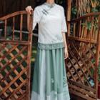 Set: Elbow-sleeve Embroidered Hanfu Top + Midi A-line Skirt