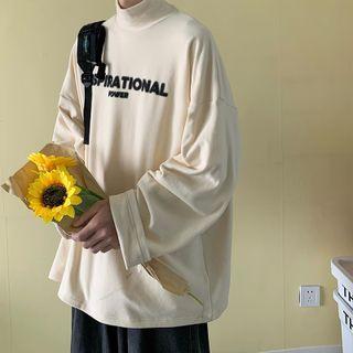 Mock Neck Lettering Embroidered Top