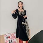 Square-neck Puff-sleeve Lace Panel A-line Dress