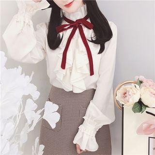 Bow Frill Trim Long-sleeve Chiffon Blouse