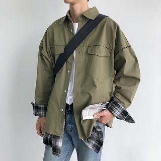 Mock Two-piece Plaid Panel Button Jacket