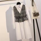 Set: Plain Long-sleeve Collared Dress + V-neck Tweed Vest