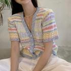 Short-sleeve Striped Lightweight Cardigan Stripe - Yellow & Pink & Blue - One Size